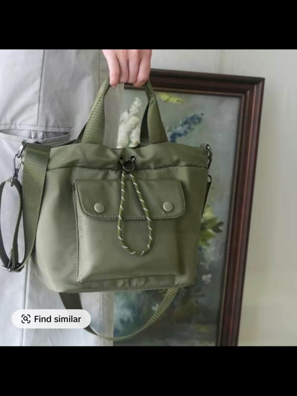Olive Green Nylon Tote Bag with Front Pocket